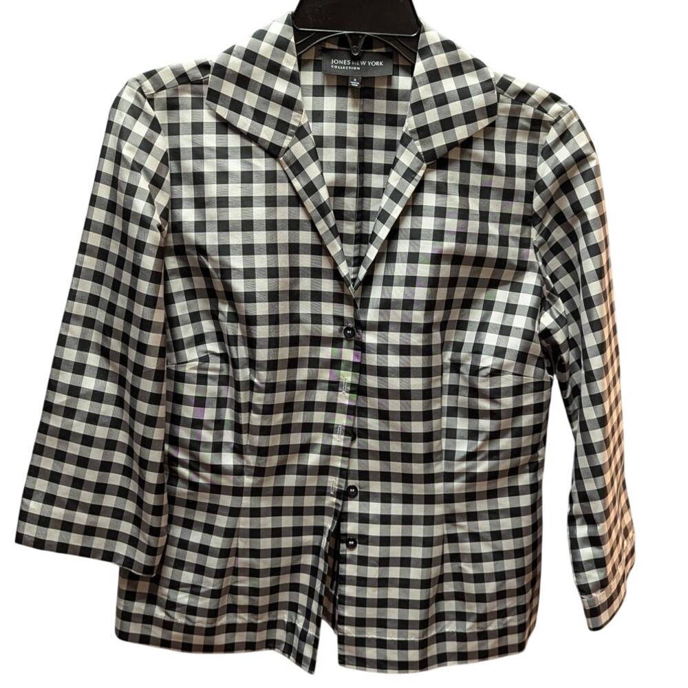 Jones New York Black White Gingham Silk Blazer Cottagecore Chic Luxury Jacket